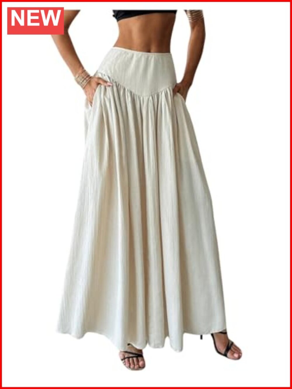 Pleated Flowy Maxi Skirt High Waist Long with Pockets
